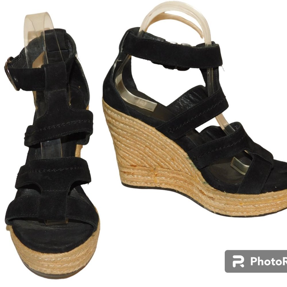 UGG Lauri Black Suede Espadrille Rope Wedge Heels Ankle Strap Women’s Size 7